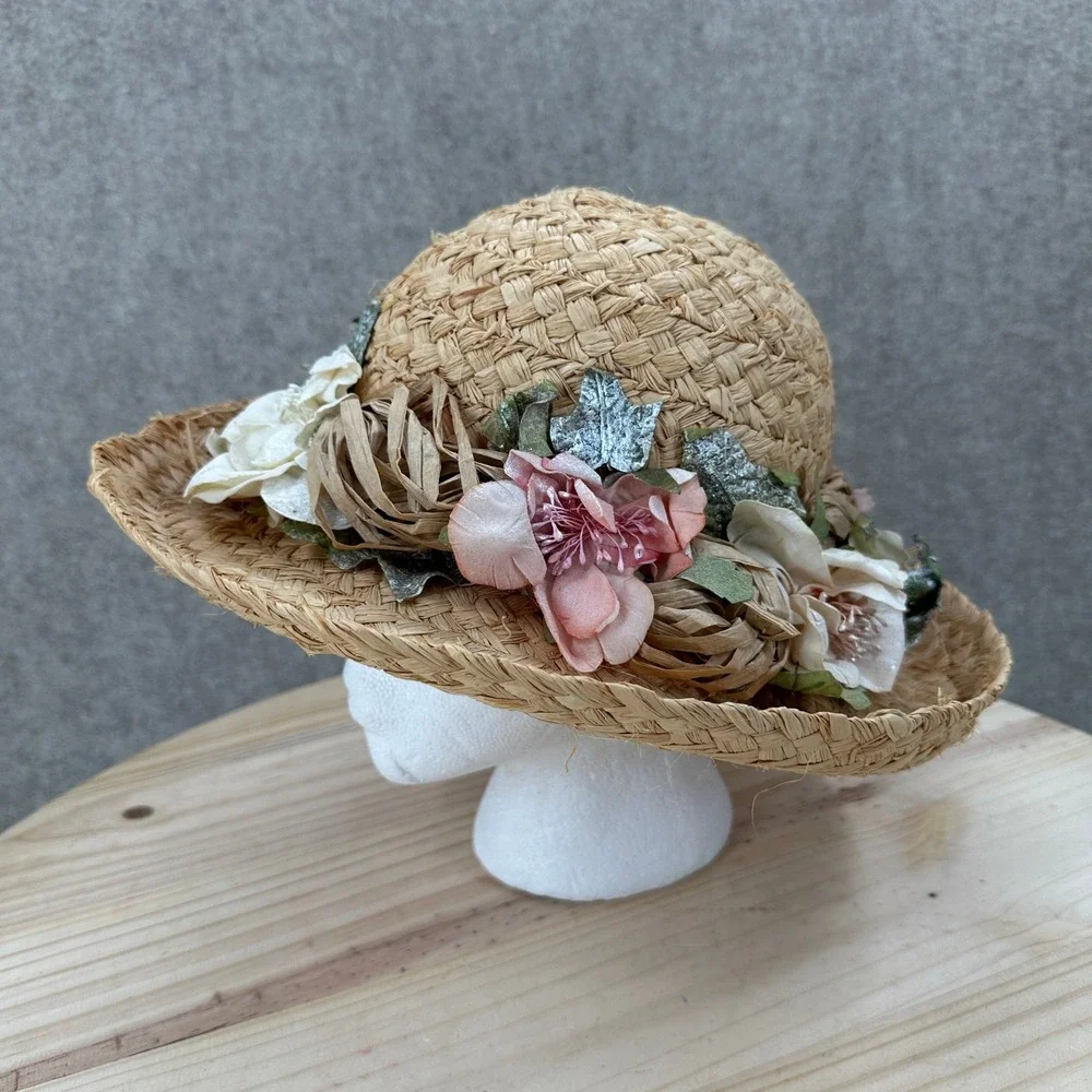 Cappelli Straw Sun Hat OS Tan Floral Raffia Bow Wide Brim Beach Hat Flowers